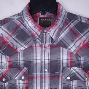 Roper Shirt Mens Medium Plaid Gray, Red Pearl Snap Western Cowboy Cotton